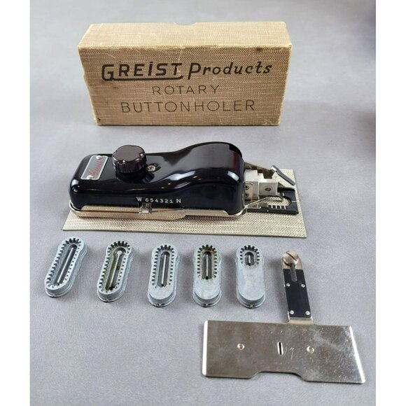 Vintage Greist Rotary Buttonholer Attachment in Box Manual 5 Attachments  JH1502 - Picture 1 of 8